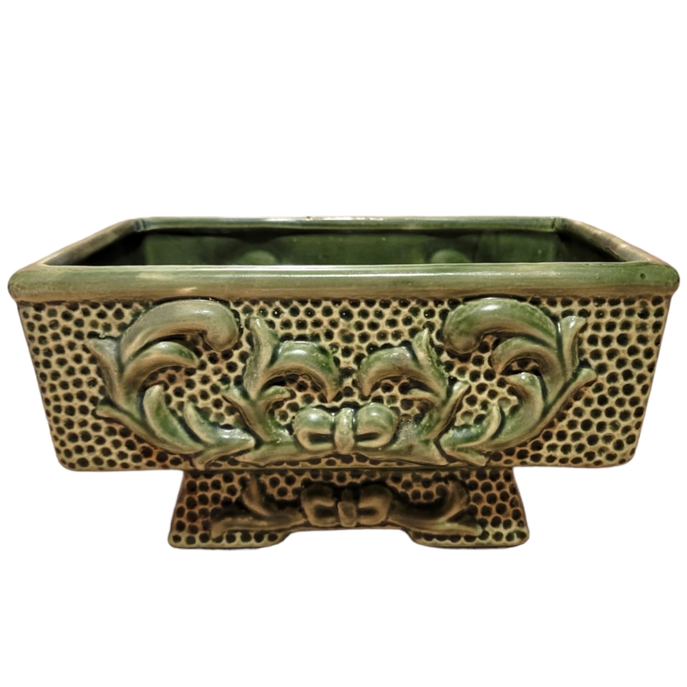Vintage Green Pedestal Footed Mid Century Planter Scroll Design Rectangular